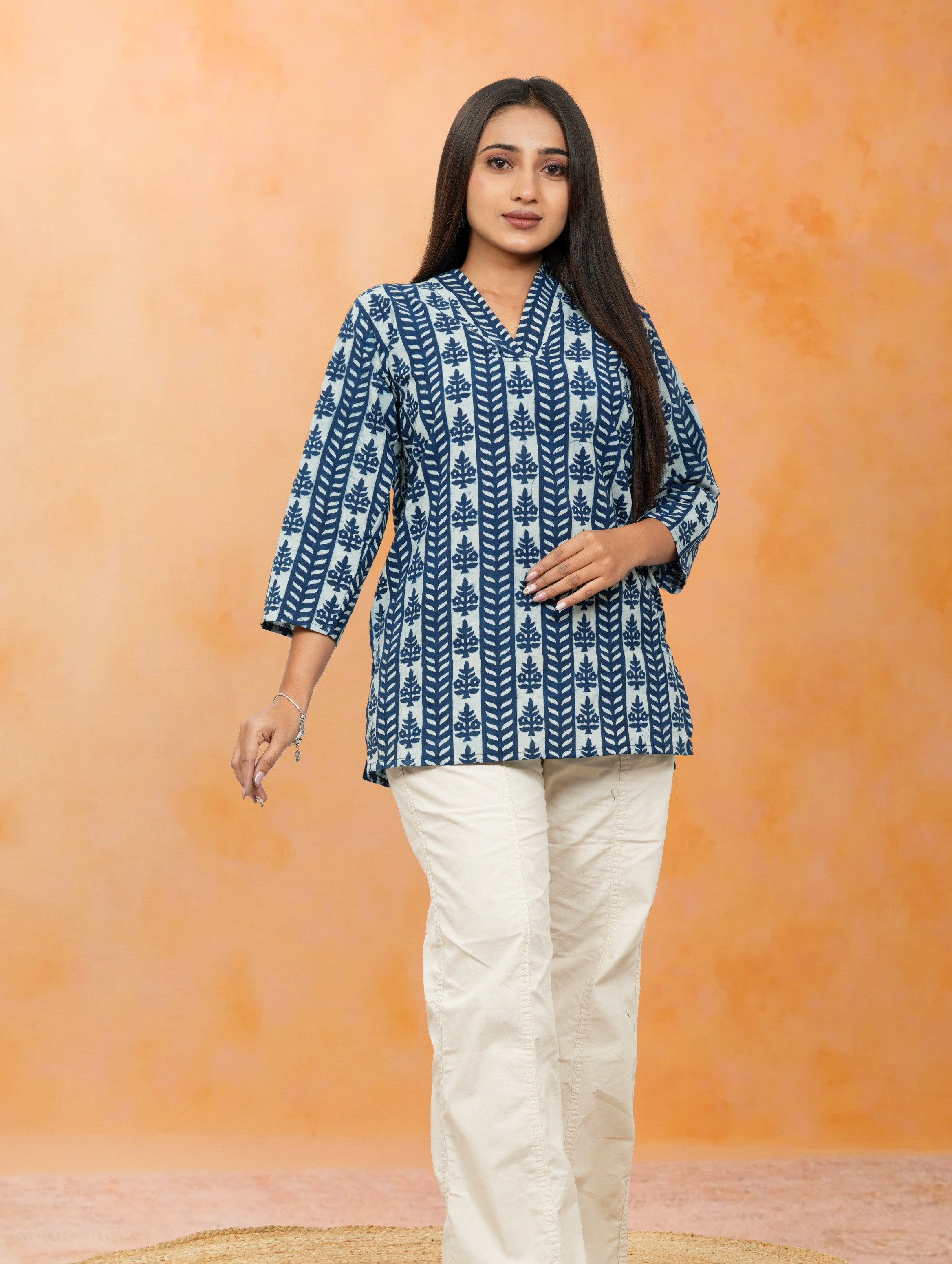 Nimrit Indigo Lining Print Cotton Short Top Nimrit Indigo Lining Print Cotton Short Top