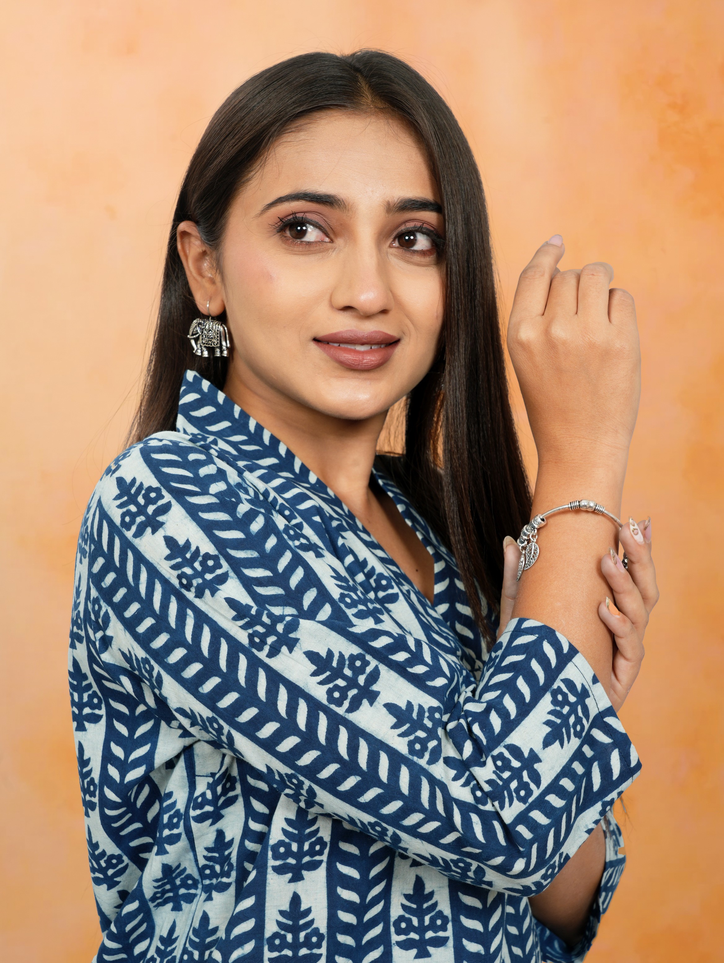 Nimrit Indigo Lining Print Cotton Short Top Nimrit Indigo Lining Print Cotton Short Top