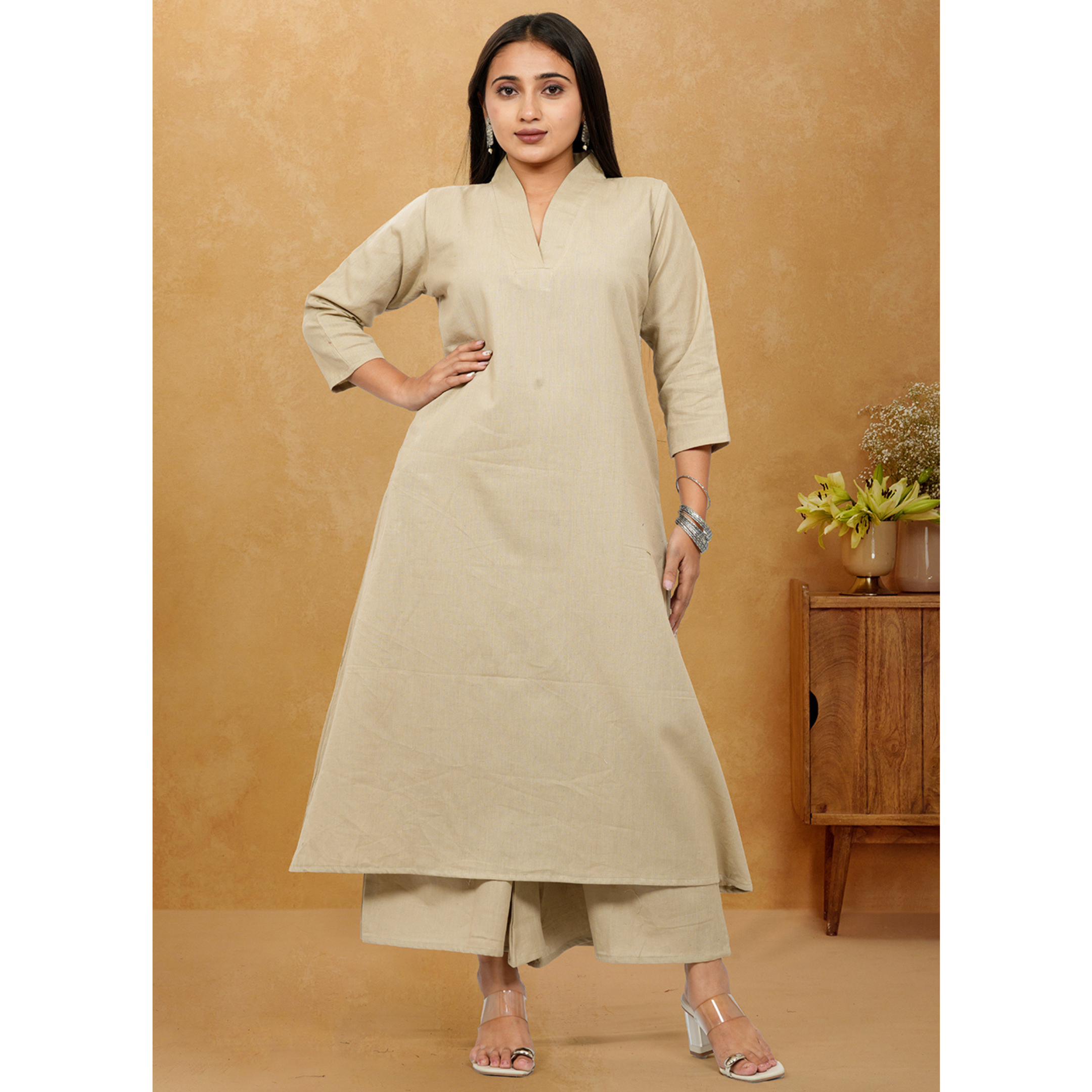 Ruhani Khakhi Cotton A-Line long Co-Ord Set Ruhani Khakhi Cotton A-Line long Co-Ord Set