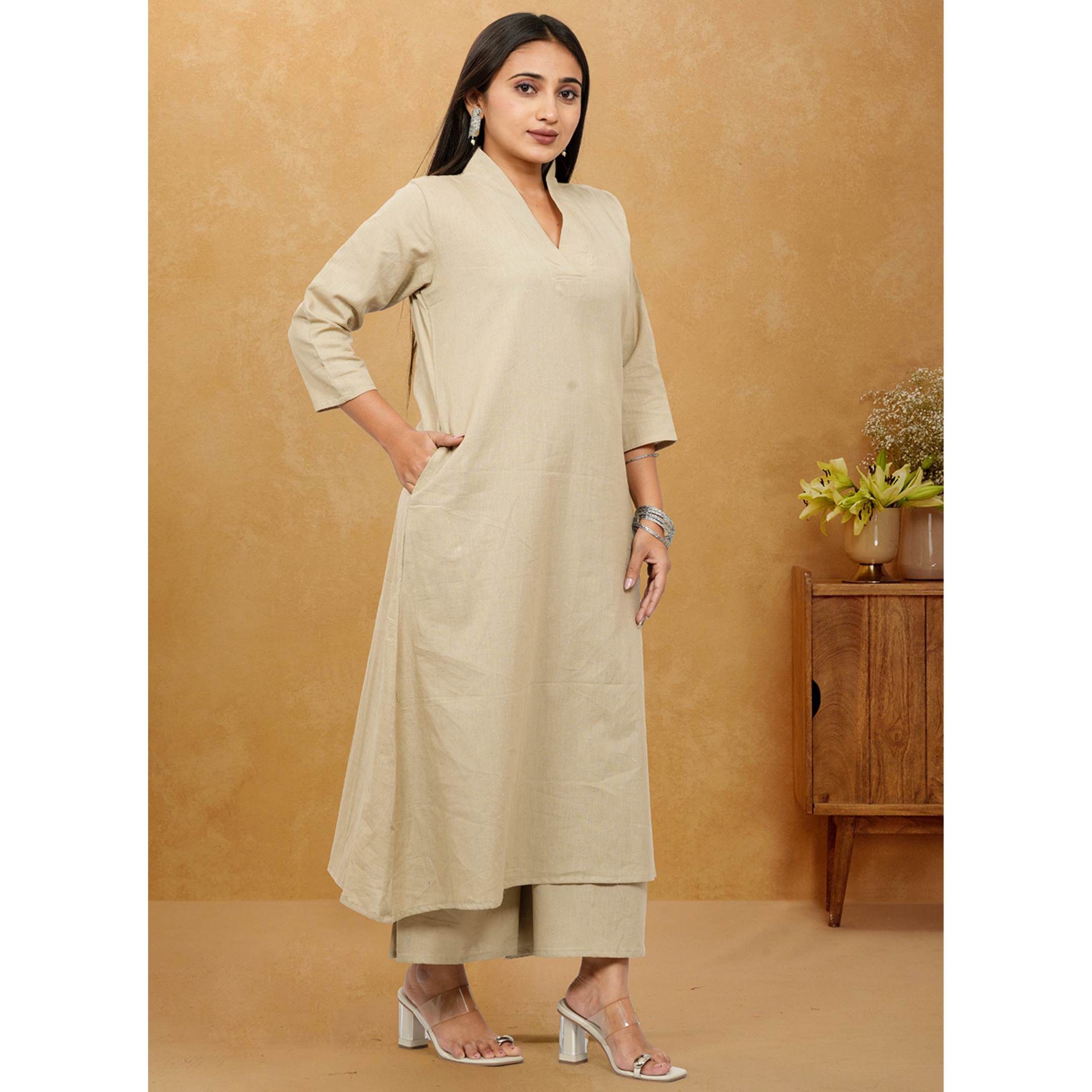 Ruhani Khakhi Cotton A-Line long Co-Ord Set Ruhani Khakhi Cotton A-Line long Co-Ord Set