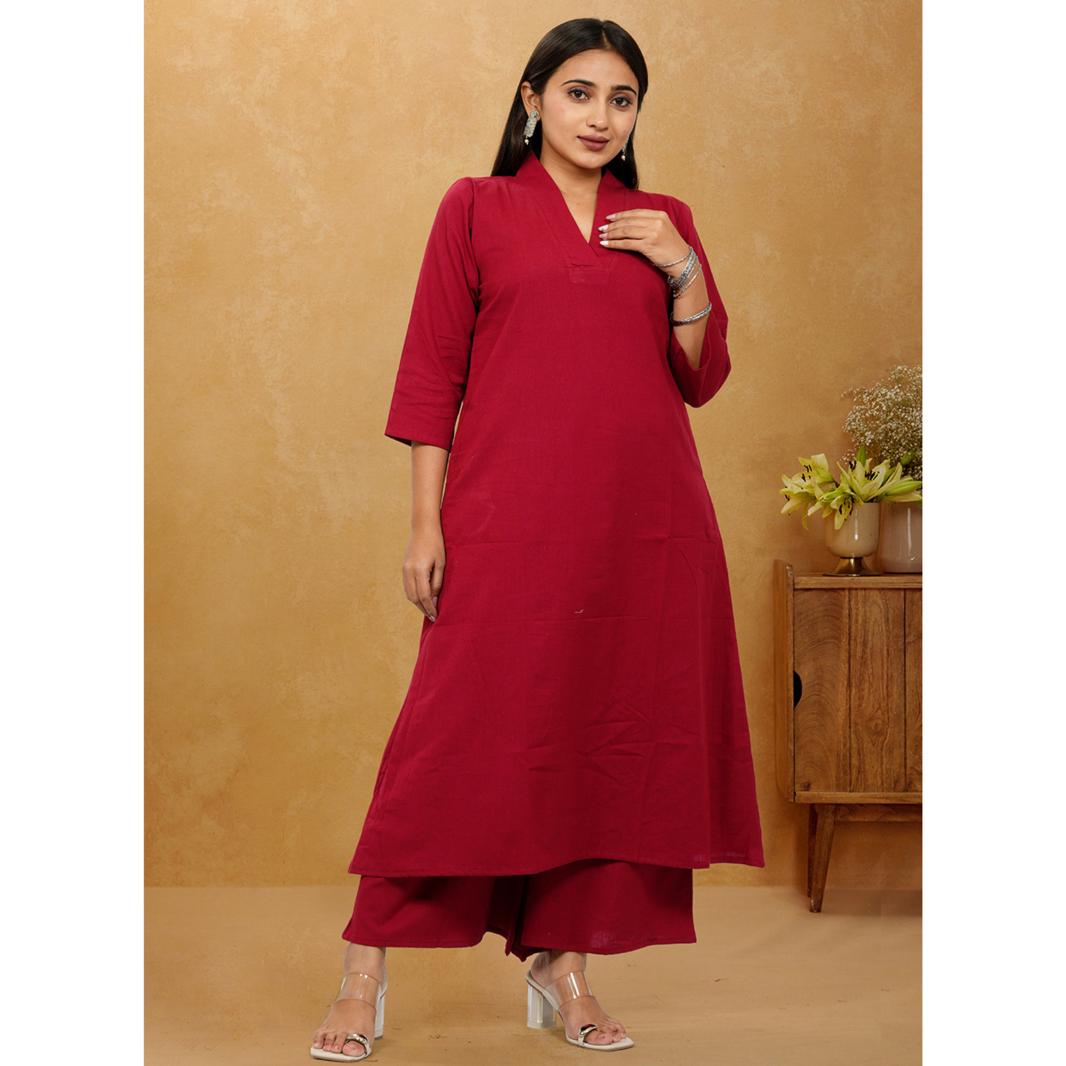 Ruhani Maroon Cotton A-Line long Co-Ord Set Ruhani Maroon Cotton A-Line long Co-Ord Set
