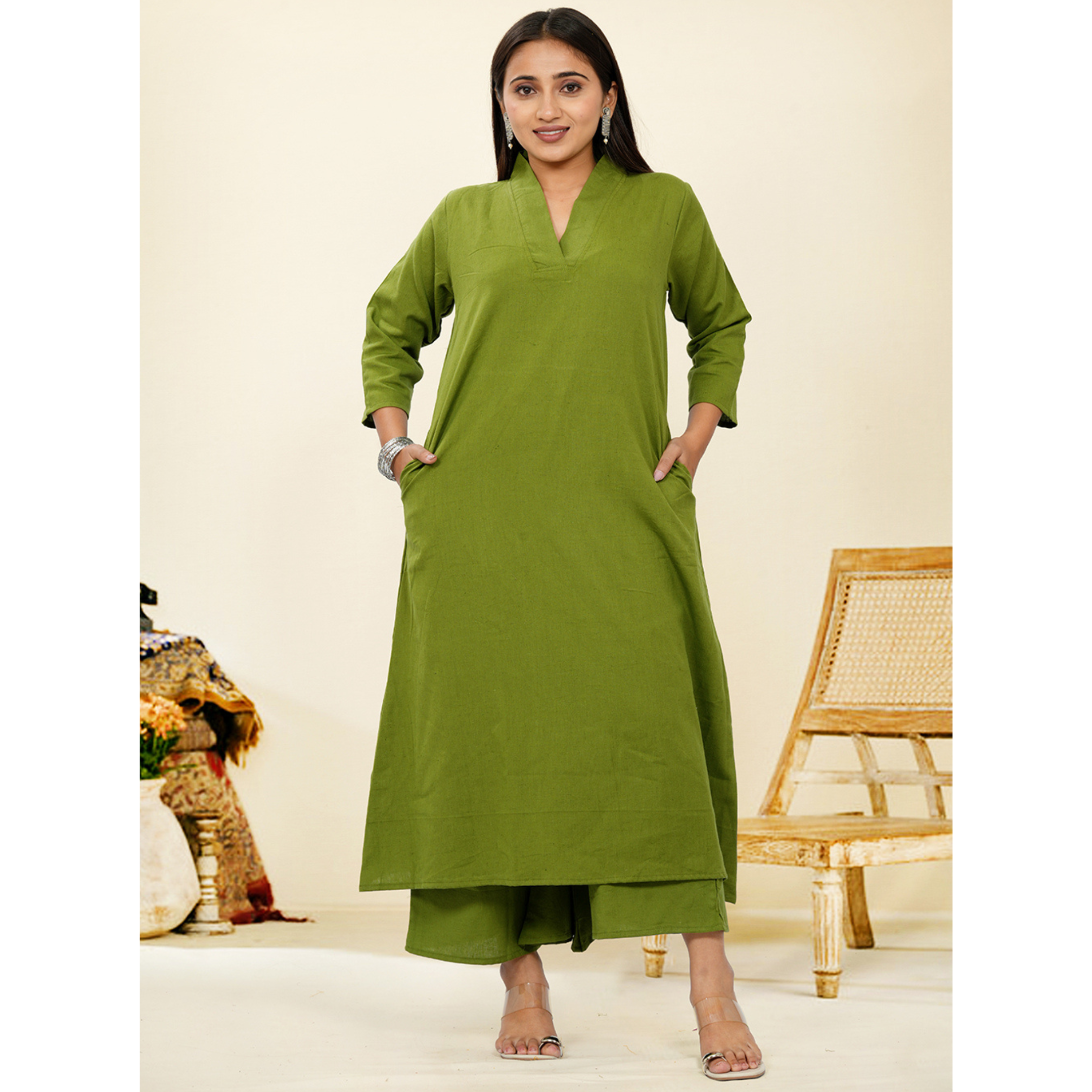 Ruhani Mehendi Green Cotton A-Line long Co-Ord Set Ruhani Mehendi Green Cotton A-Line long Co-Ord Set