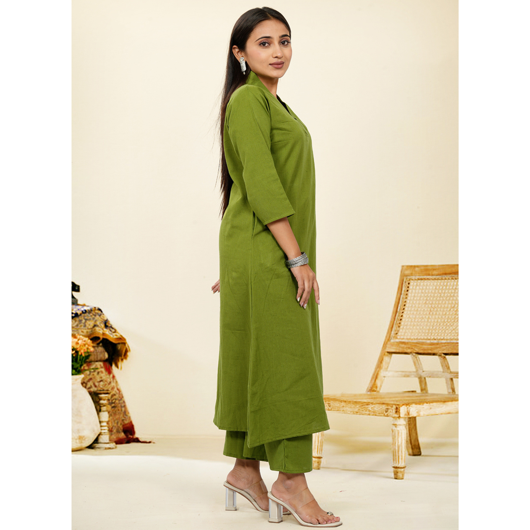 Ruhani Mehendi Green Cotton A-Line long Co-Ord Set Ruhani Mehendi Green Cotton A-Line long Co-Ord Set