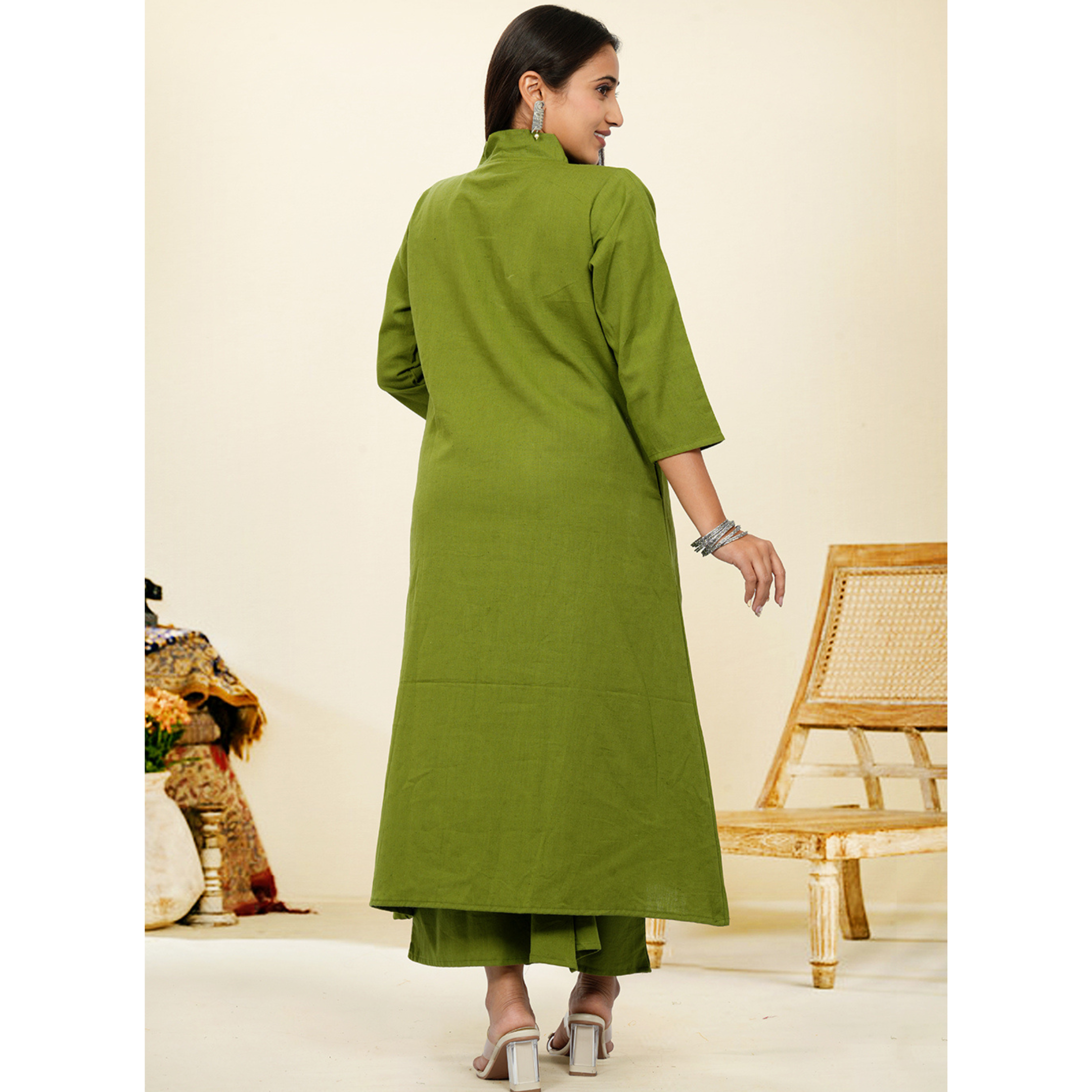 Ruhani Mehendi Green Cotton A-Line long Co-Ord Set Ruhani Mehendi Green Cotton A-Line long Co-Ord Set
