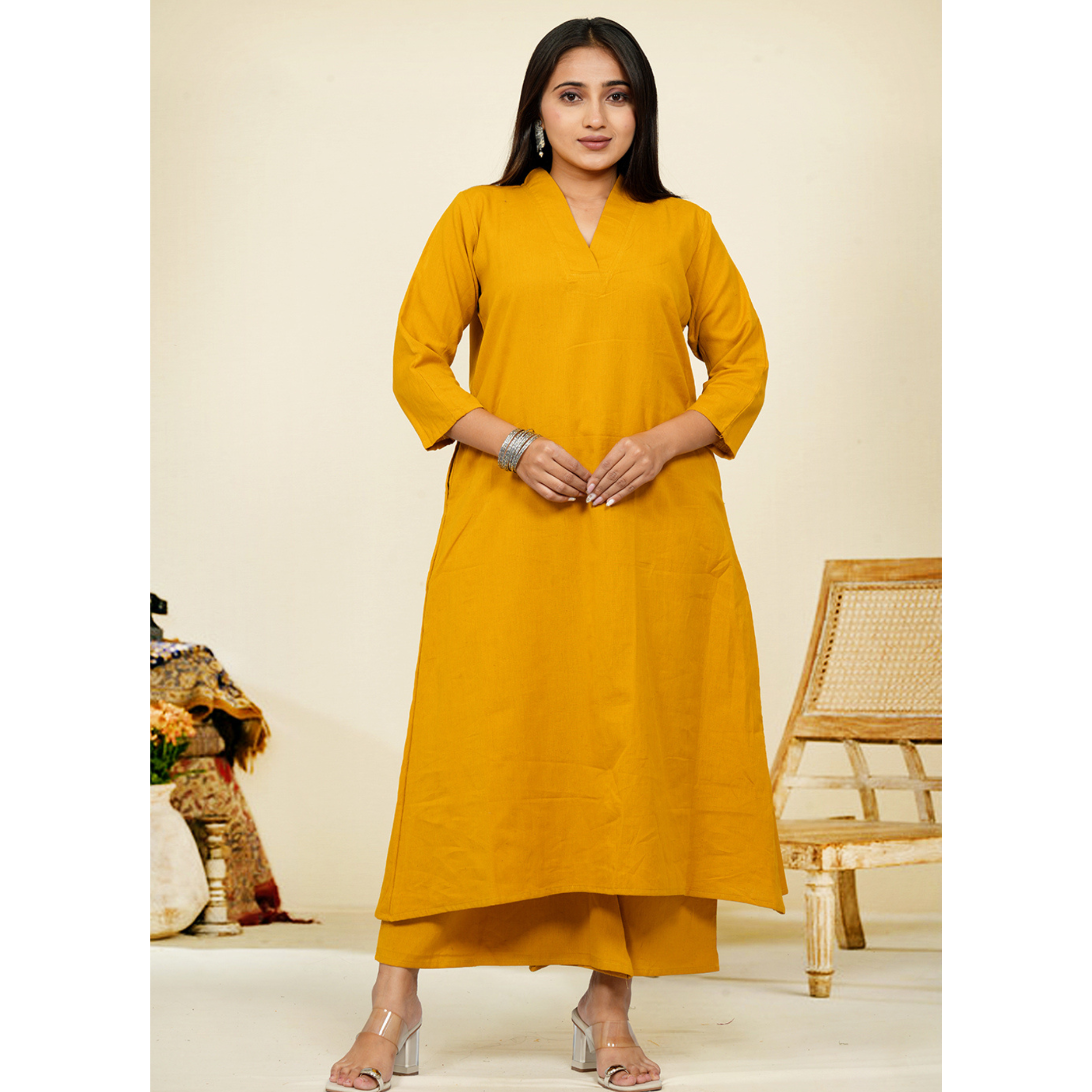 Ruhani Mustard Cotton A-Line long Co-Ord Set Ruhani Mustard Cotton A-Line long Co-Ord Set