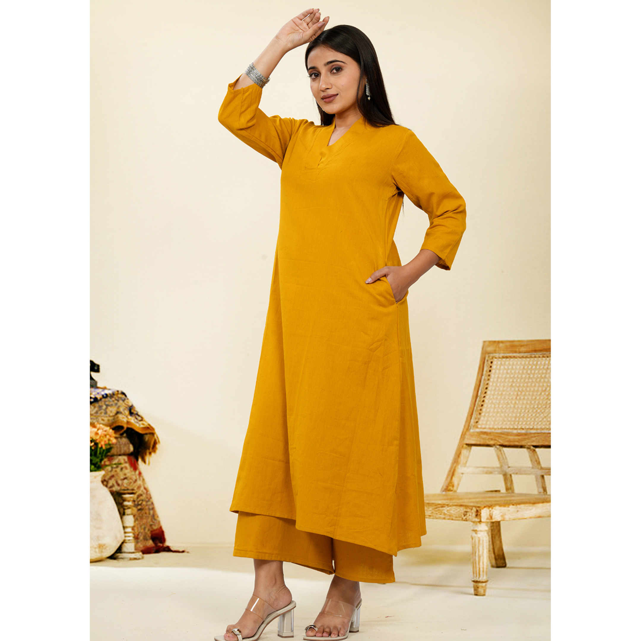 Ruhani Mustard Cotton A-Line long Co-Ord Set Ruhani Mustard Cotton A-Line long Co-Ord Set