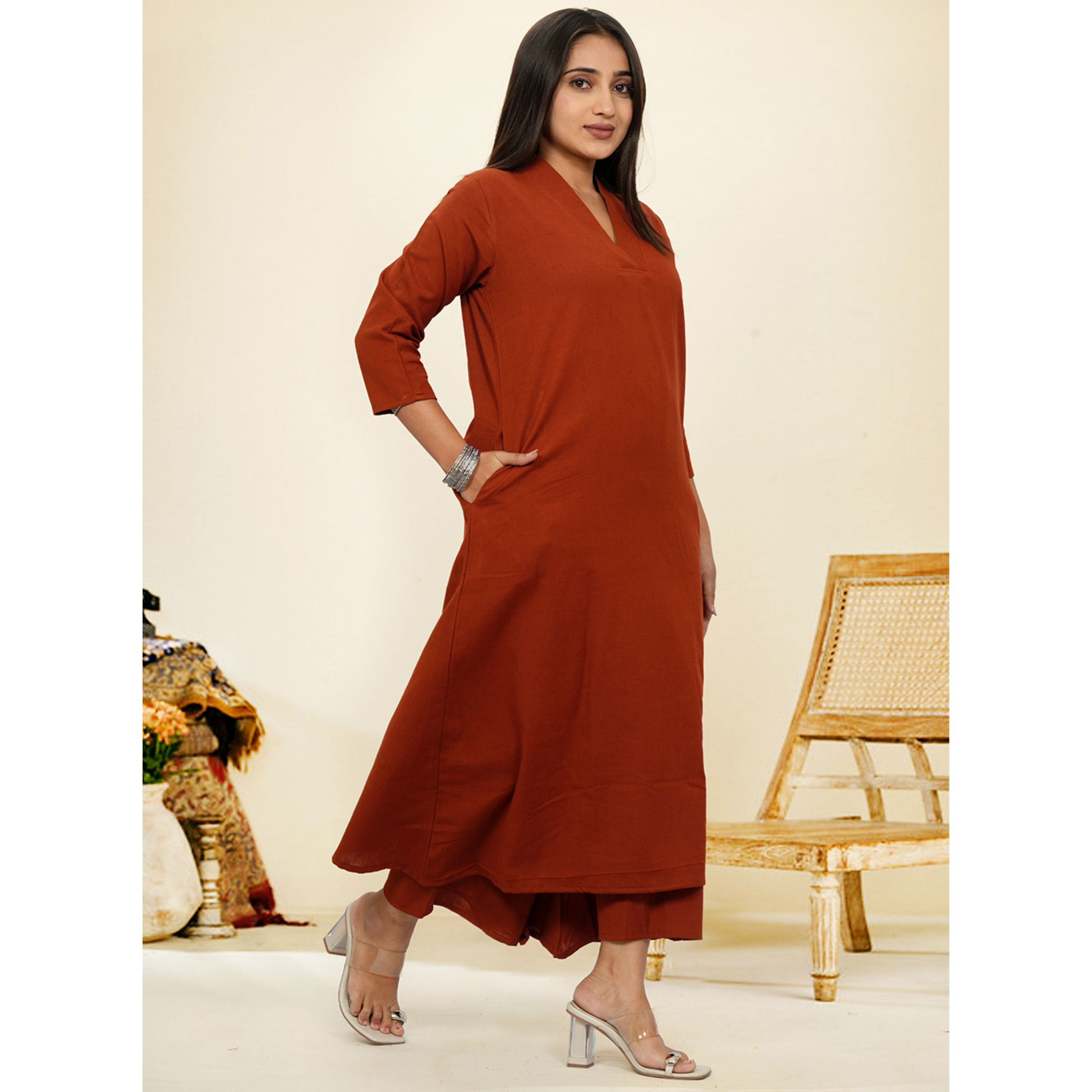 Ruhani Rust Cotton A-Line long Co-Ord Set Ruhani Rust Cotton A-Line long Co-Ord Set