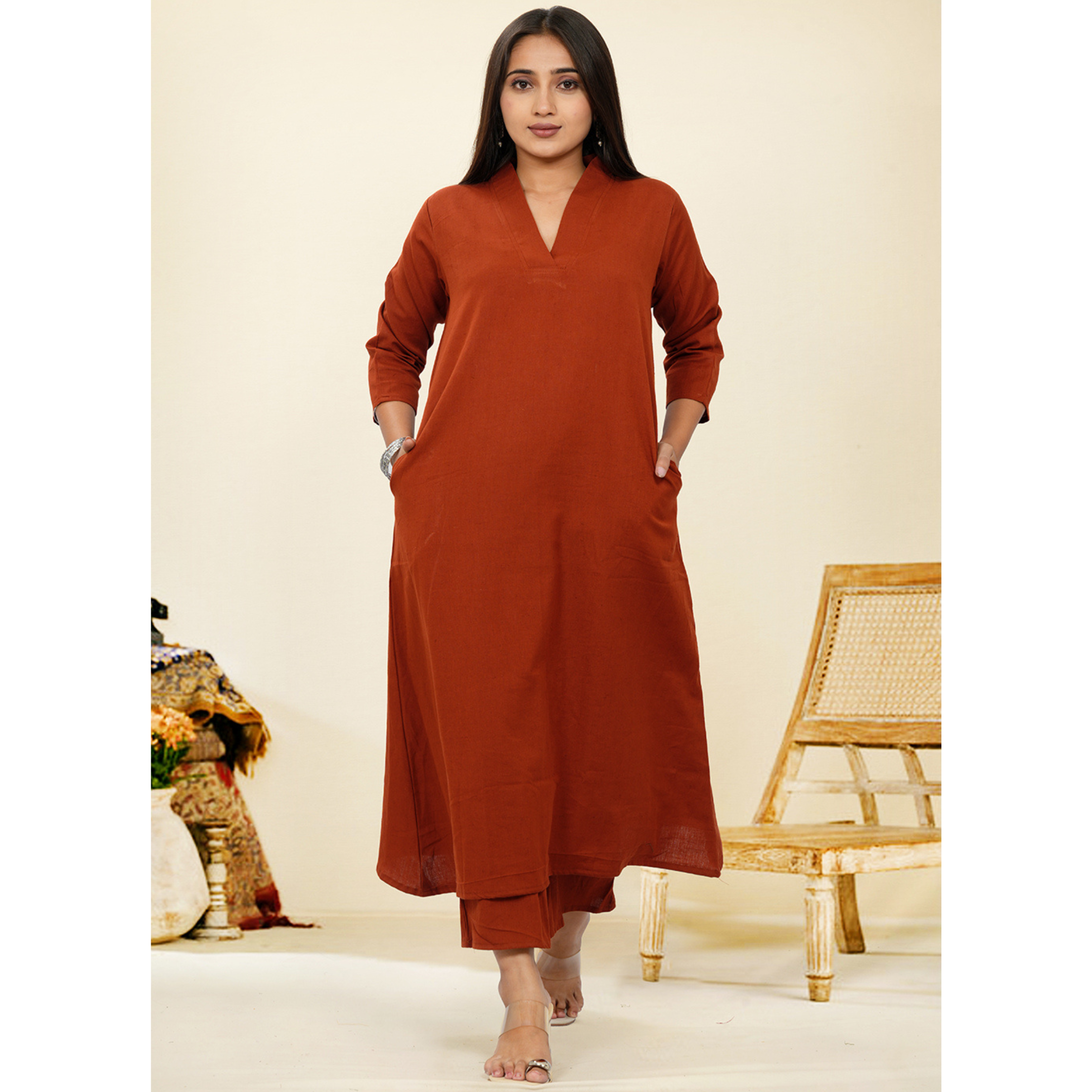 Ruhani Rust Cotton A-Line long Co-Ord Set Ruhani Rust Cotton A-Line long Co-Ord Set