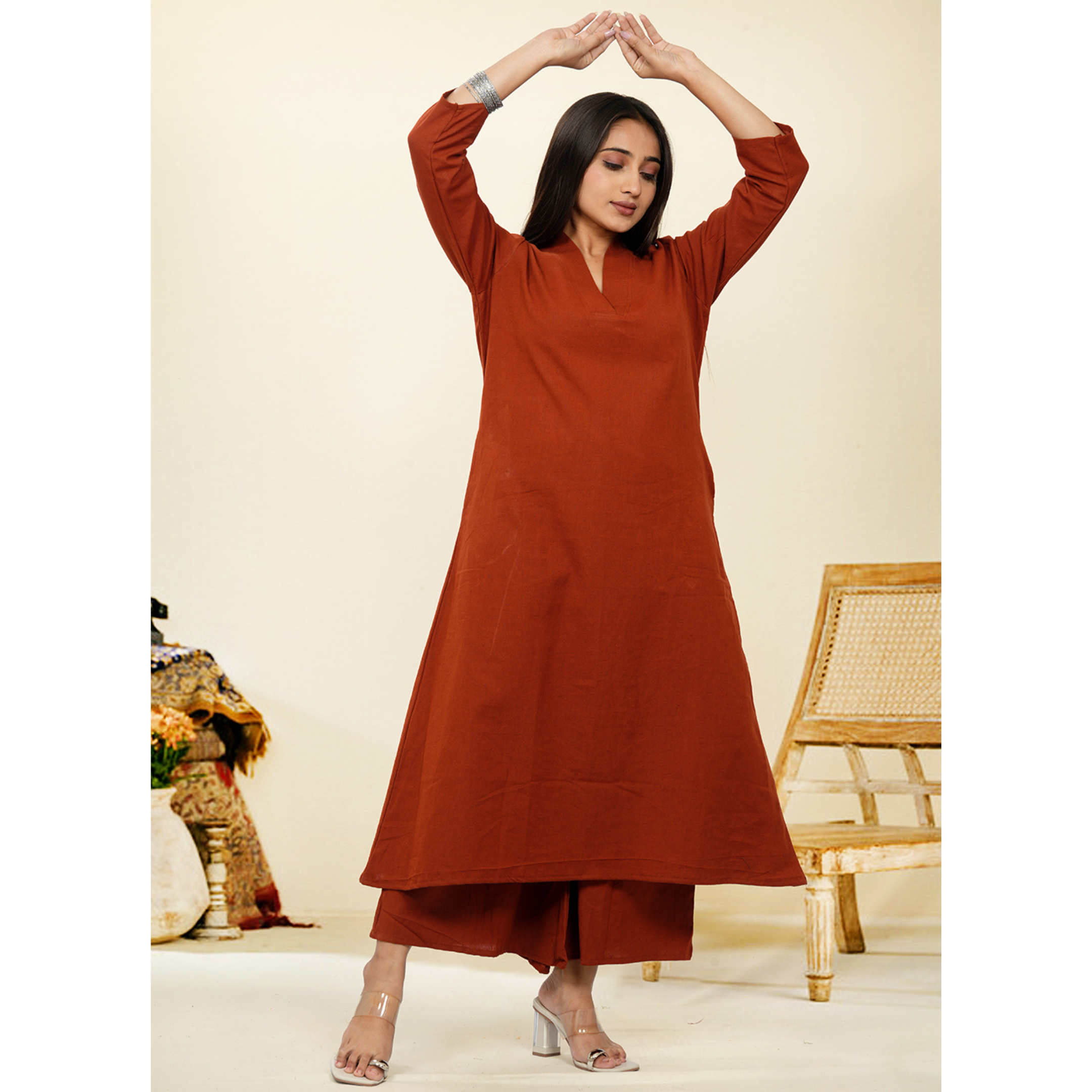 Ruhani Rust Cotton A-Line long Co-Ord Set Ruhani Rust Cotton A-Line long Co-Ord Set