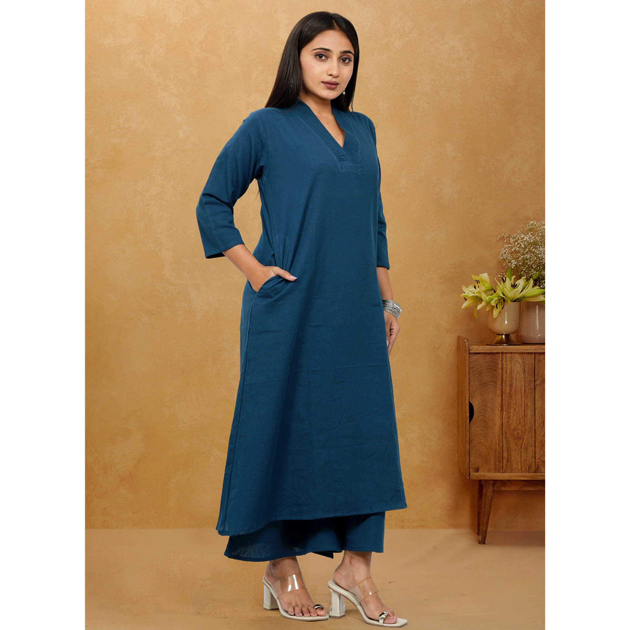 Ruhani Teal Blue Cotton A-Line long Co-Ord Set