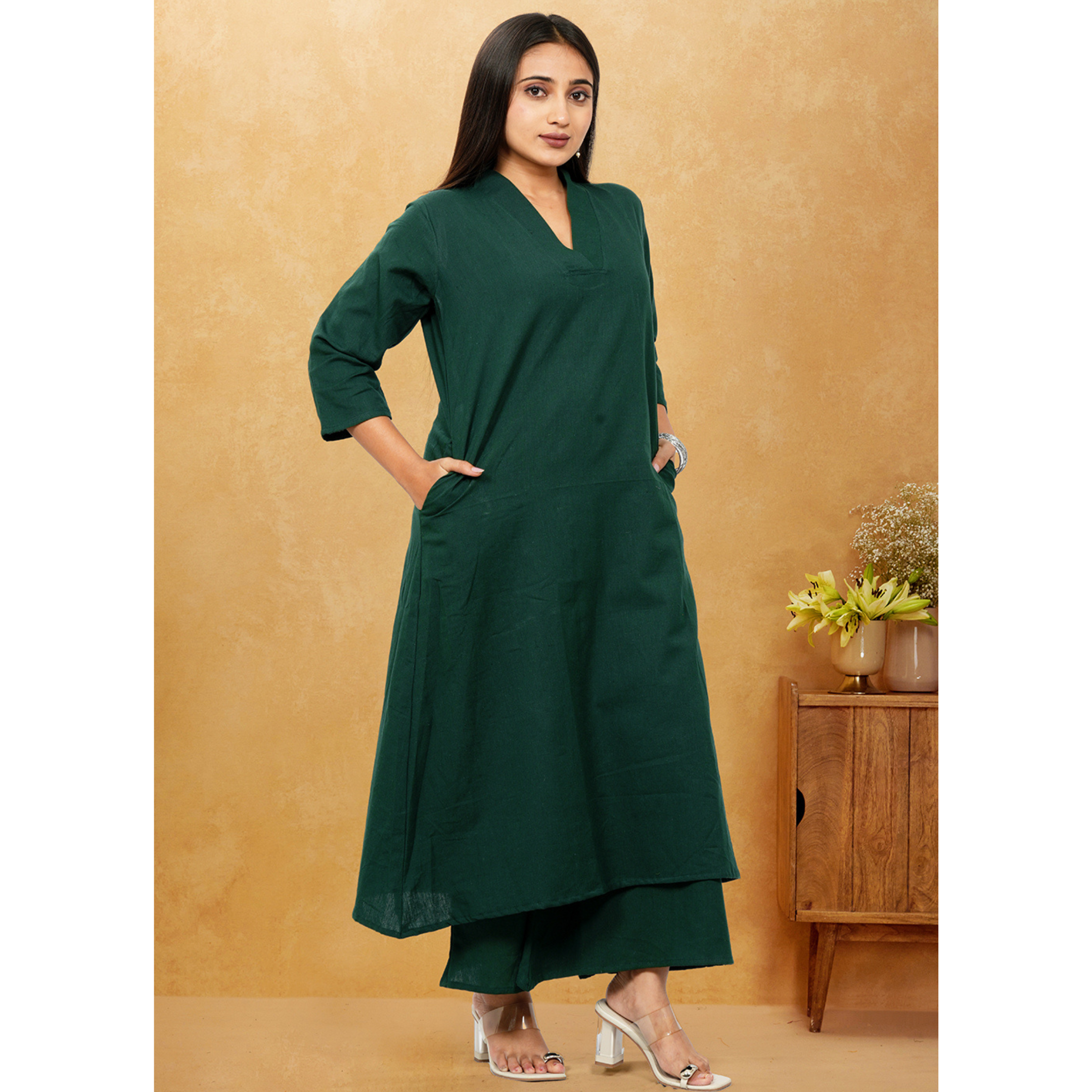 Ruhani Bottle Green Cotton A-Line long Co-Ord Set Ruhani Bottle Green Cotton A-Line long Co-Ord Set