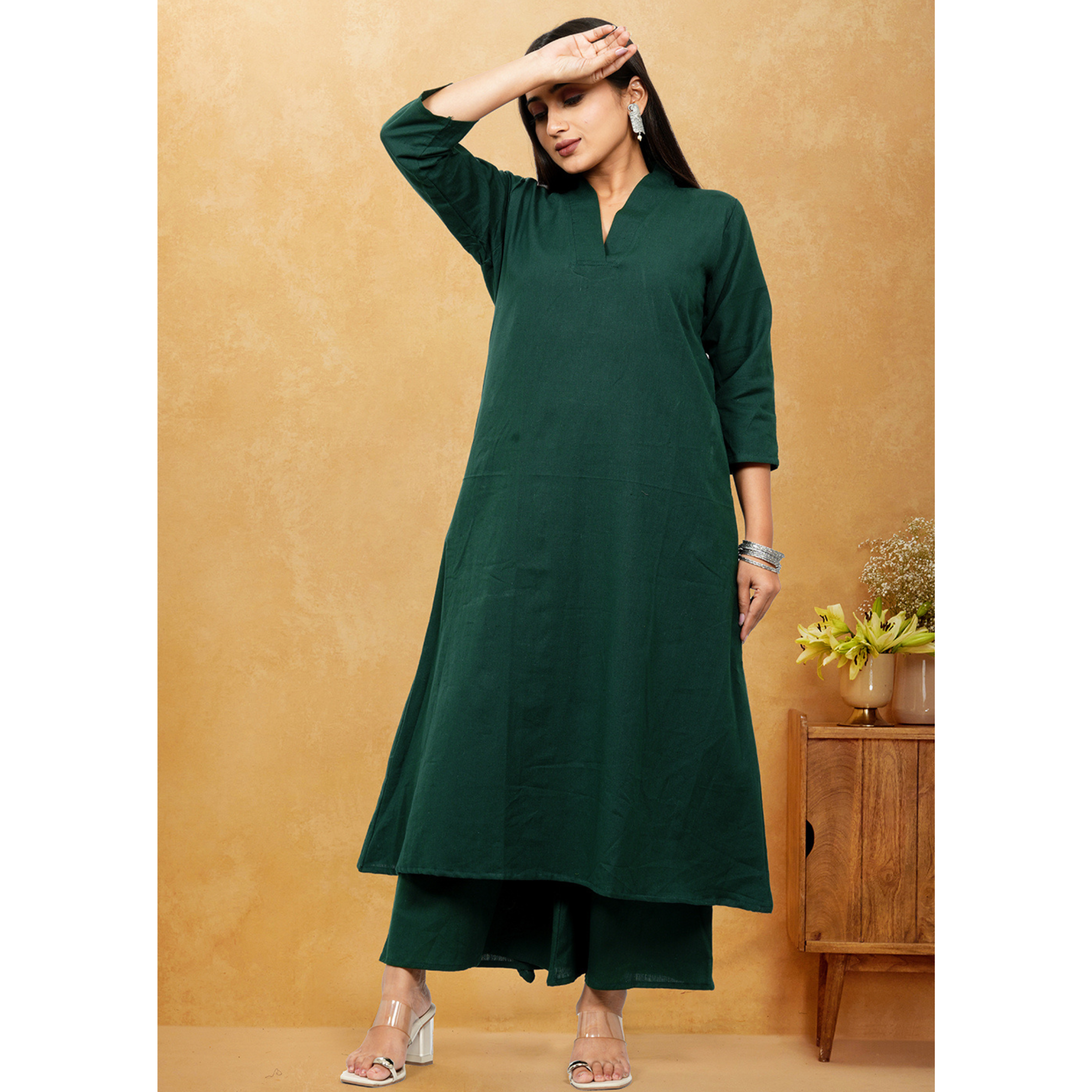 Ruhani Bottle Green Cotton A-Line long Co-Ord Set Ruhani Bottle Green Cotton A-Line long Co-Ord Set