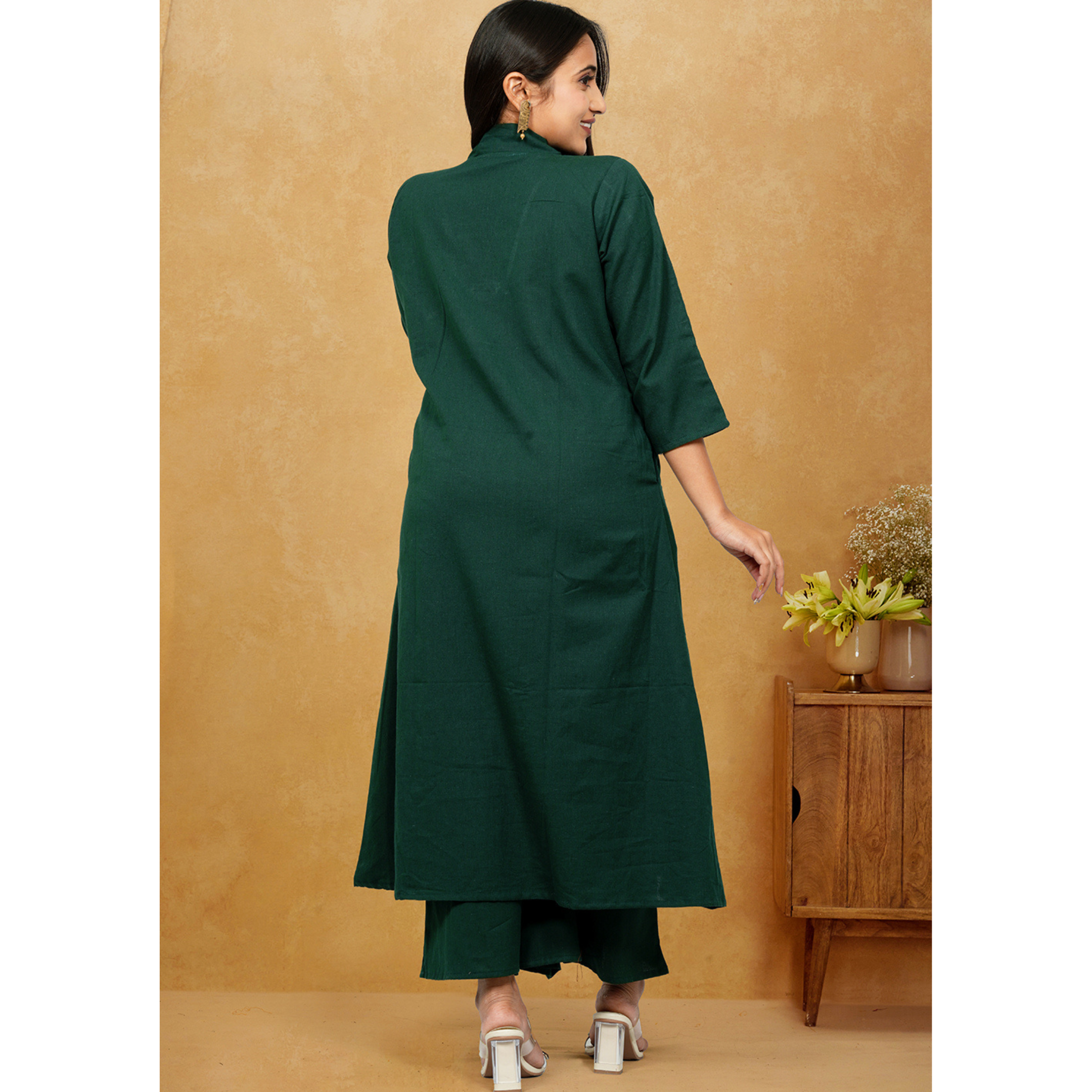 Ruhani Bottle Green Cotton A-Line long Co-Ord Set Ruhani Bottle Green Cotton A-Line long Co-Ord Set